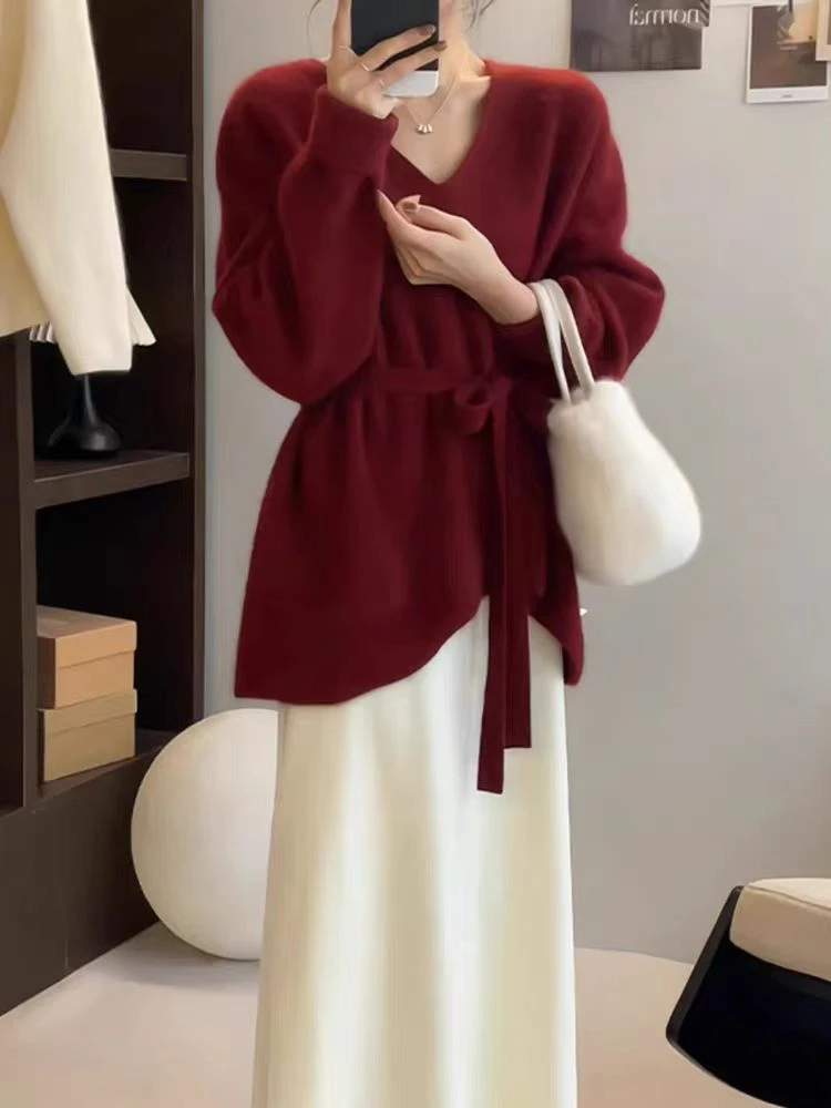 韩版气质不规则V领春秋款毛衣女宽松百搭显瘦针织衫收腰系带上衣