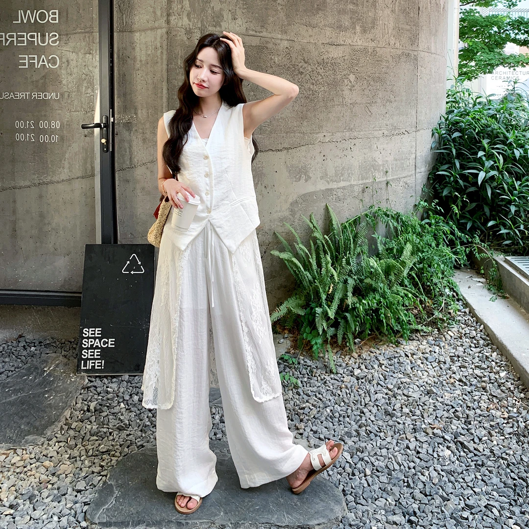 白色马甲蕾丝罩衫阔腿裤套装女2025夏季新款优雅气质巨好看三件套