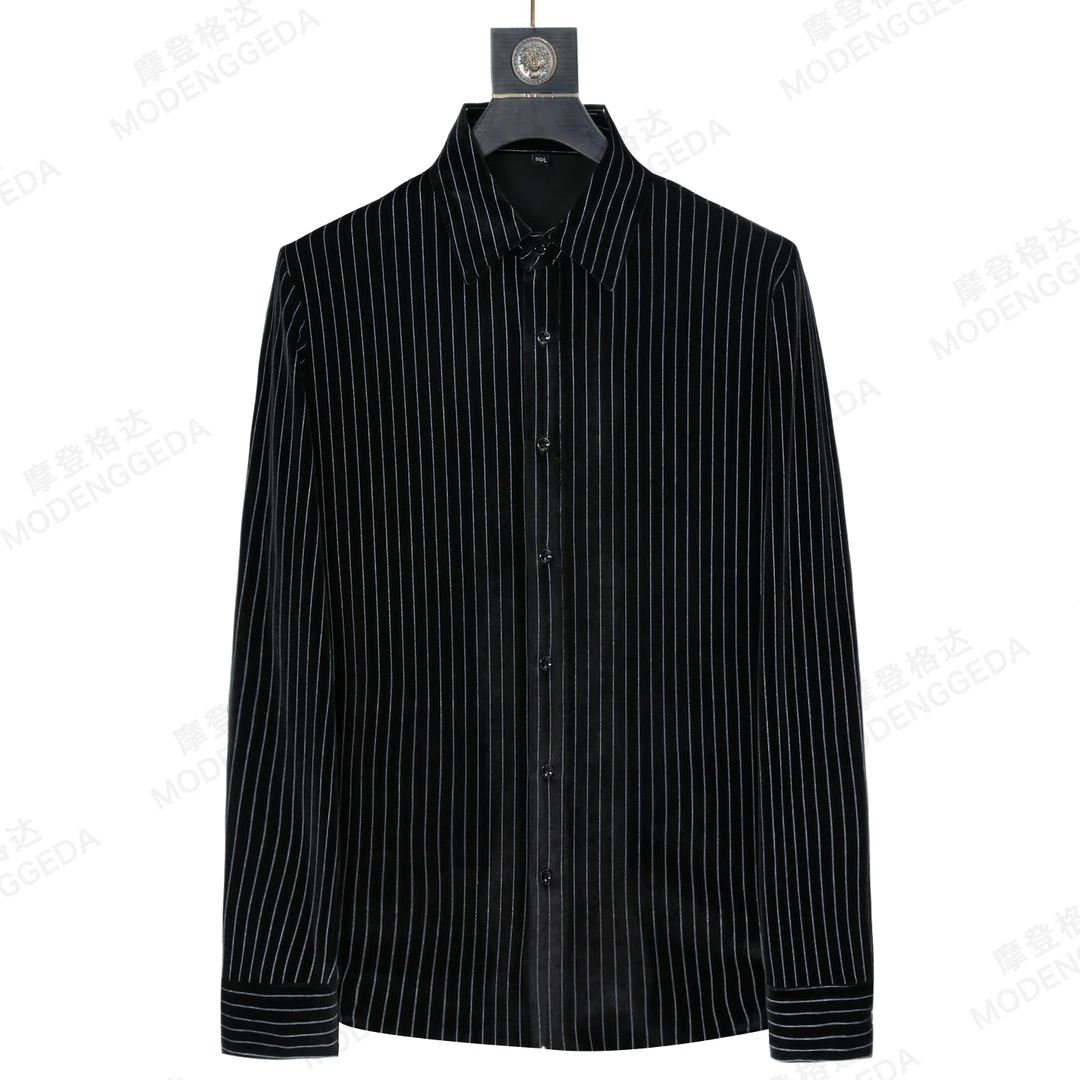 冬季金丝绒男士条纹衬衫保暖休闲时尚轻奢高级修身百搭男装外套