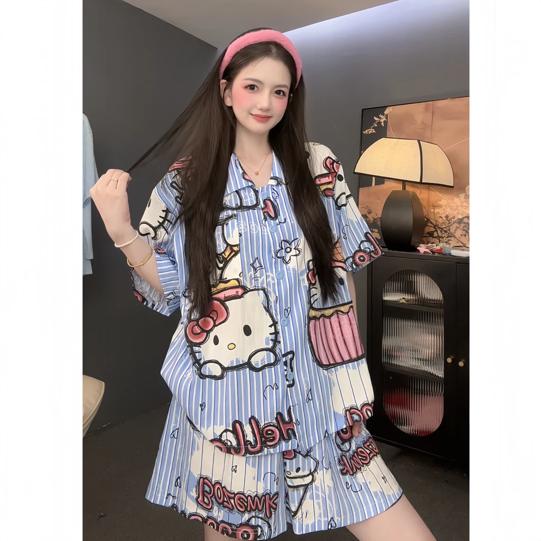 【大KT】原创个性小众简约云朵棉宽松版短袖短裤睡衣小翻领夏家居服