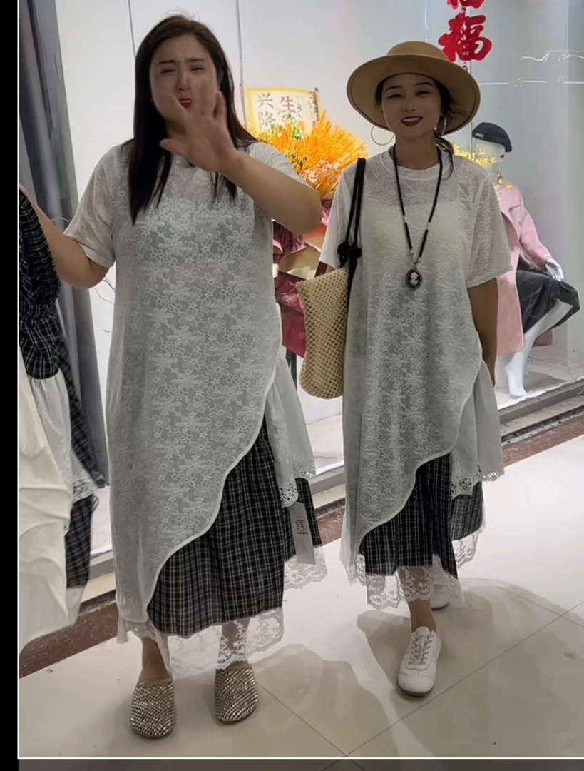 大板短袖时尚休闲夏季条纹格子拼接百搭宽松中长款韩版339