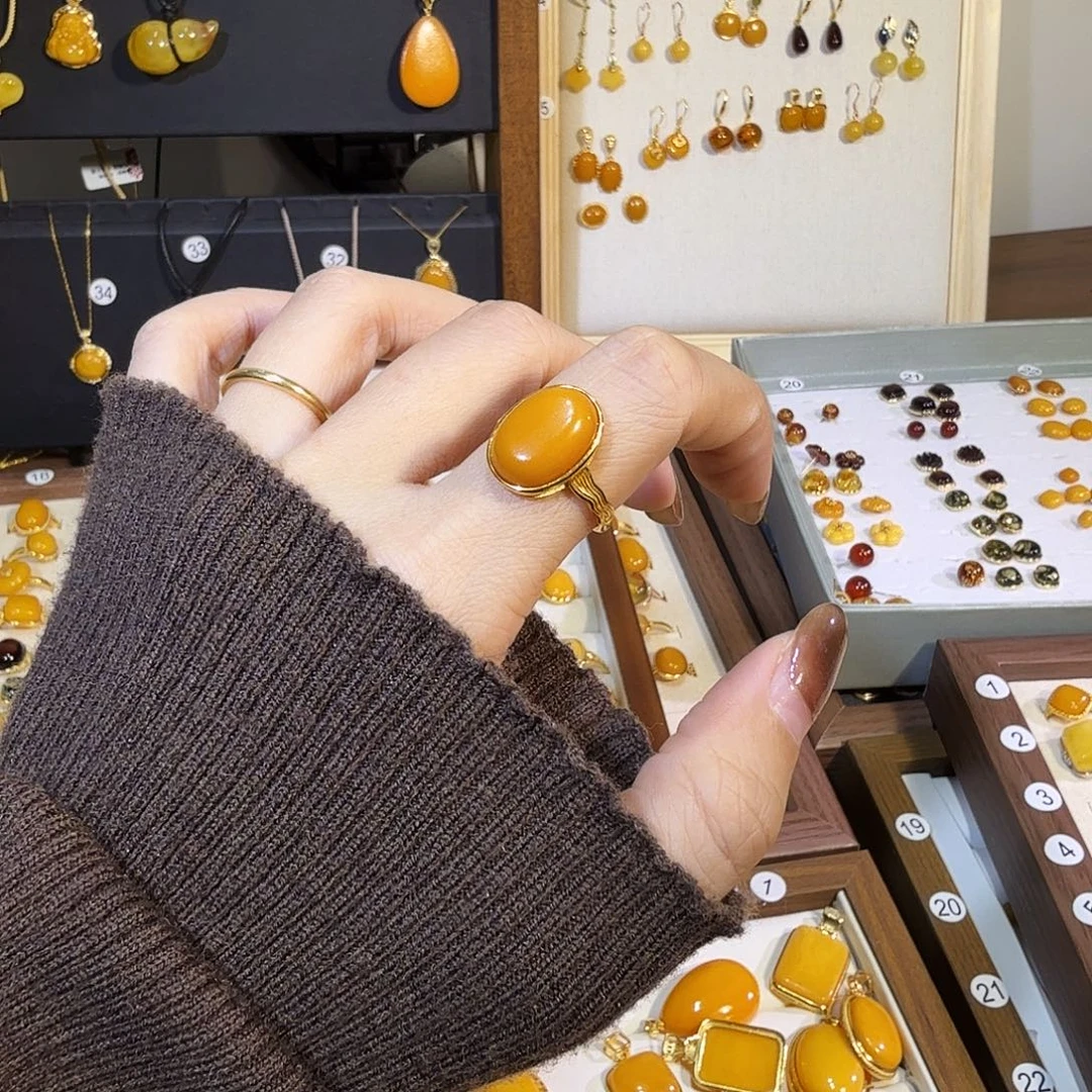 蜜蜡银S925镀金镶嵌戒指蜜蜡戒指