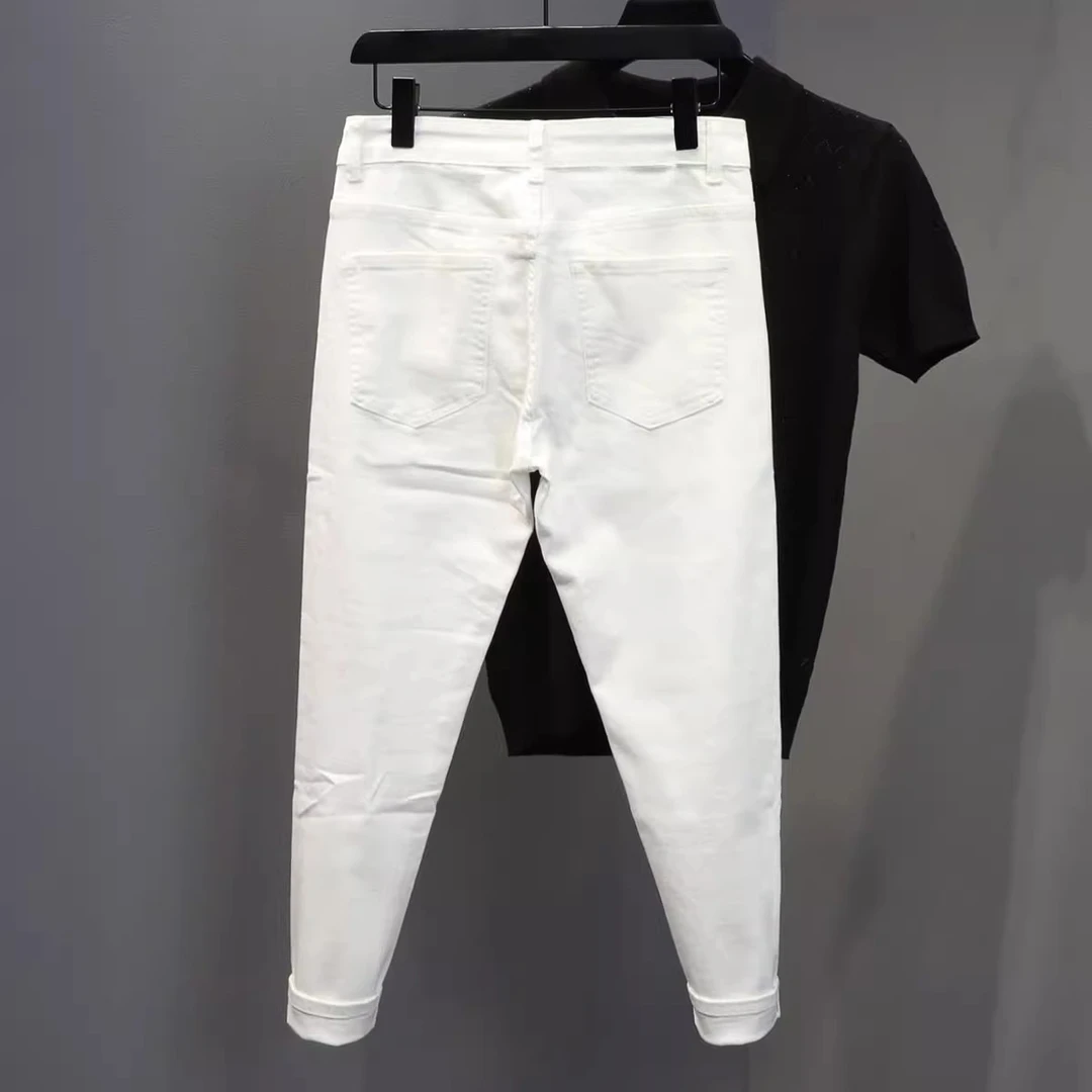 春秋新款高端白色牛仔裤男士韩版潮流休闲弹力百搭修身小脚九分裤