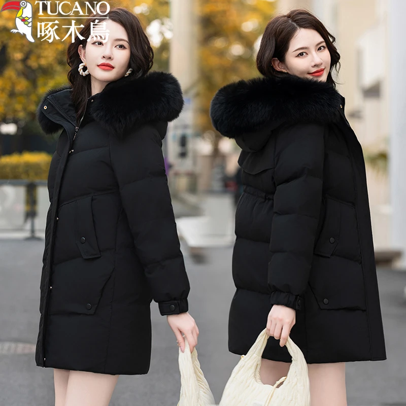 TUCANO/啄木鳥秋冬新款女白鸭绒加厚保暖中长款真毛领羽绒服外套