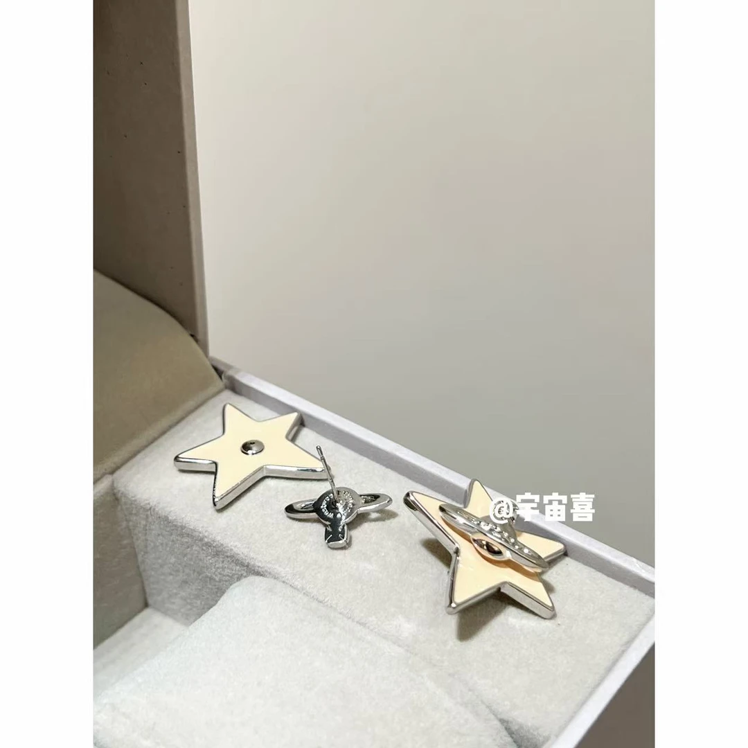 铜合金珐琅耳饰 C5-130【奶白五角星珐琅星球前后耳钉】大号