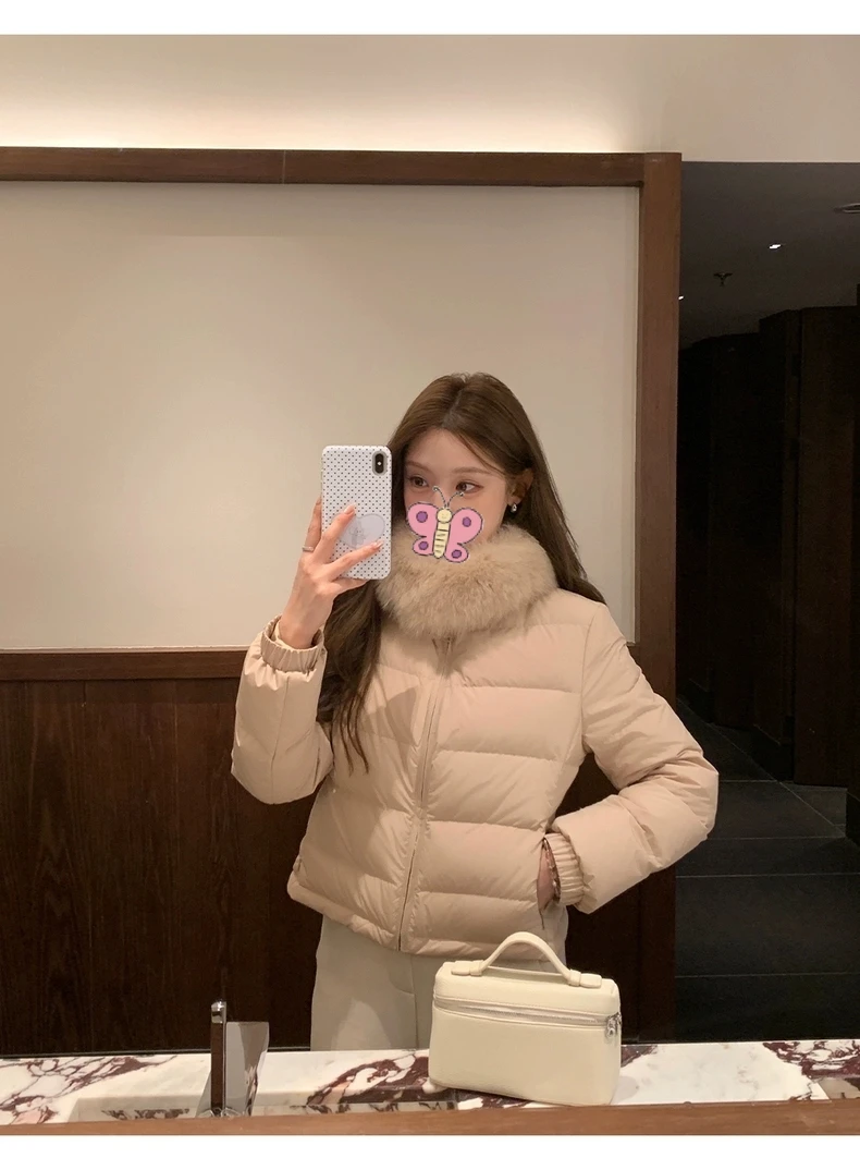 毛领短款轻薄排骨90白鸭绒羽绒服时尚保暖女2025冬季新款高版本