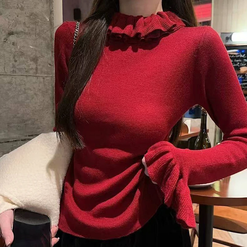 荷叶领红色针织衫女毛衣新款新年红本命年木耳边内搭打底衫L2552