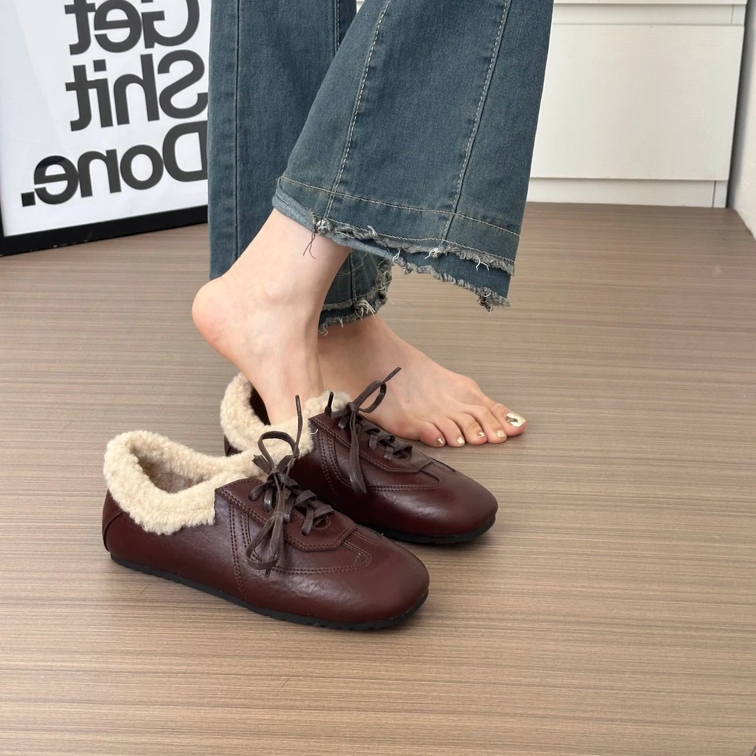 羊皮版~2025年秋冬新款英伦风方头平跟加绒显瘦毛毛系带深口单鞋