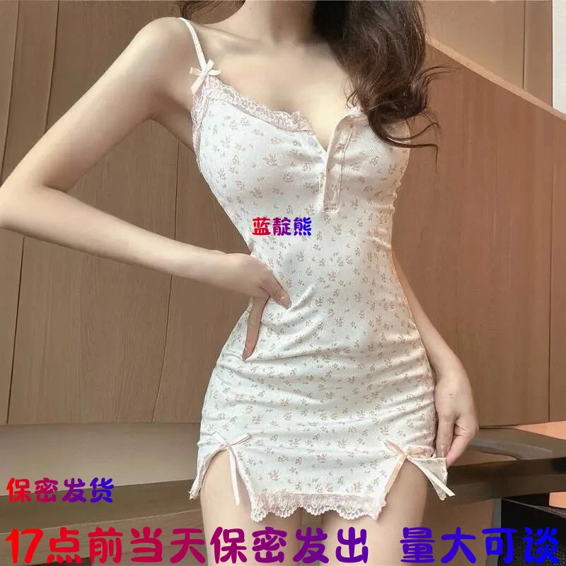 新款纯欲风碎花吊带睡裙少女莫代尔甜辣性感吊带裙短款睡衣带胸垫