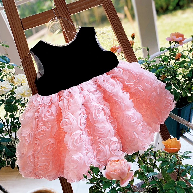 女童礼服夏季韩版时尚高端演出服珍珠圆领无袖款女宝宝生日礼服裙