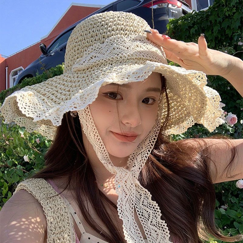 法式大帽檐草帽女2025新款夏透气蕾丝镂空沙滩遮阳防晒帽子海边TJ