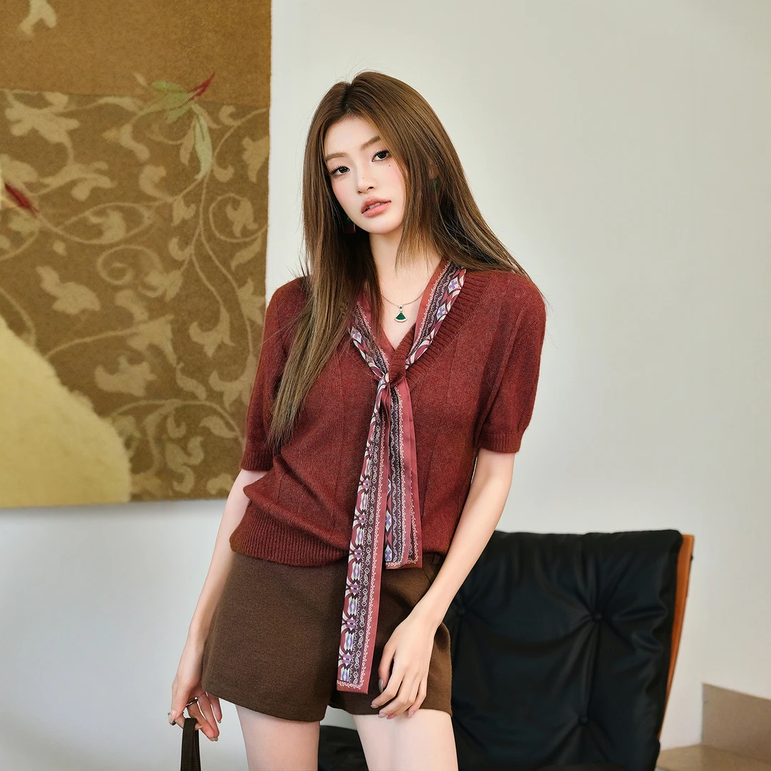 【现货】MIUCO美利奴针织衫法式25秋配丝巾V领短袖针织T