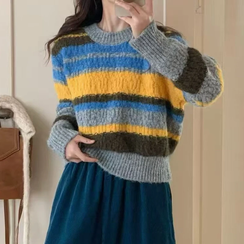 复古条纹圆领毛衣女秋冬新款加厚宽松拼色短款针织衫小个子上衣