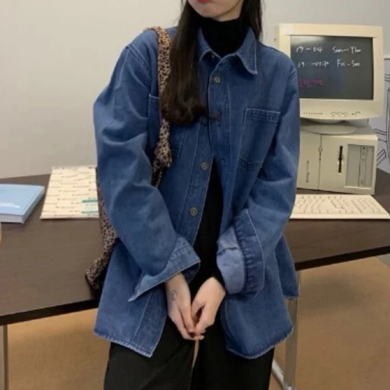 81 港风复古气质纯色简约时尚牛仔衬衫
