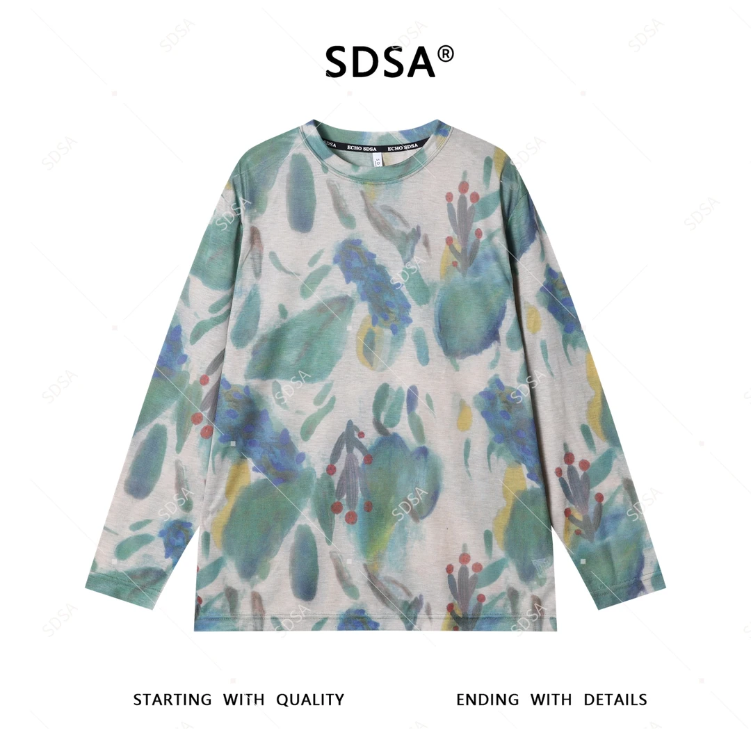 SDSA秋季新款男士痞帅潮流撞色圆领长袖T恤扎染小众设计上衣时尚