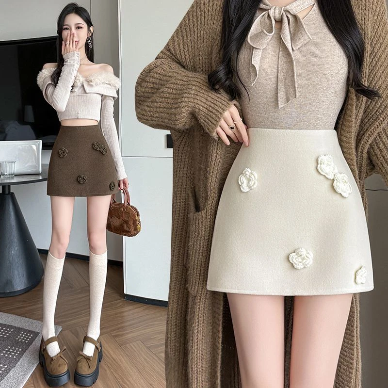 立体花朵设计感高腰显瘦毛呢半身裙女秋冬百搭A字短裙