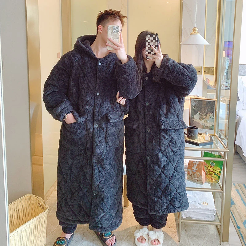 黑色连帽拉链睡袍珊瑚绒保暖三层夹棉睡衣女冬季加长款加厚家居服