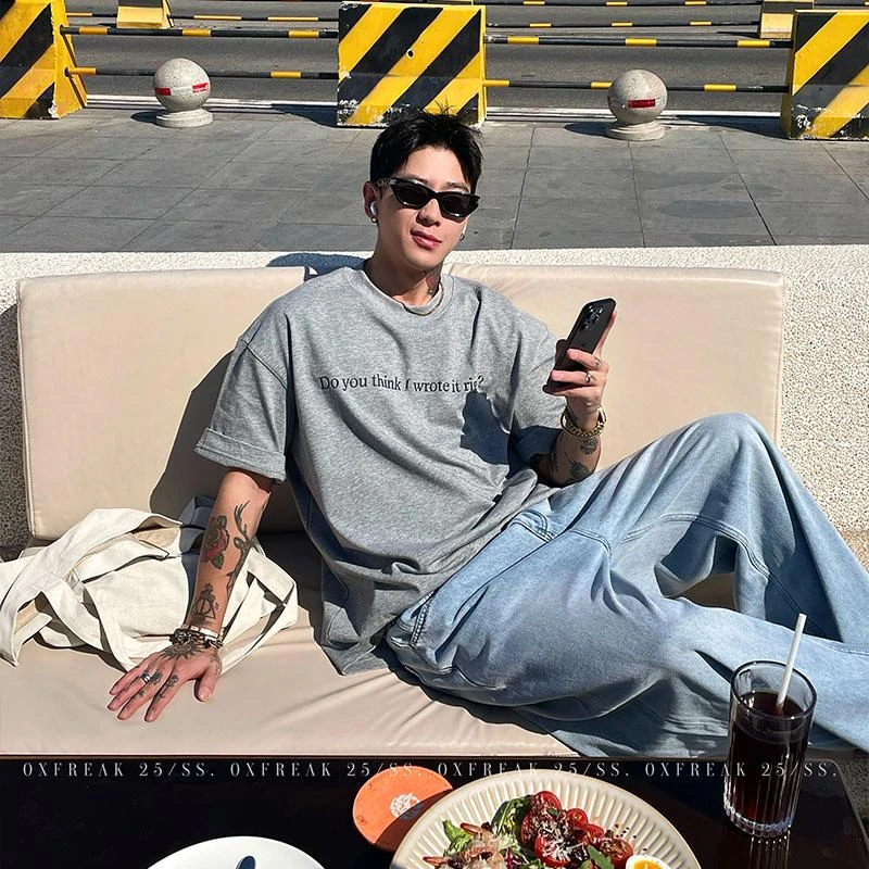 OXFREAK 「后背字母印花」300G重磅美式短袖t恤男宽松圆领五分袖