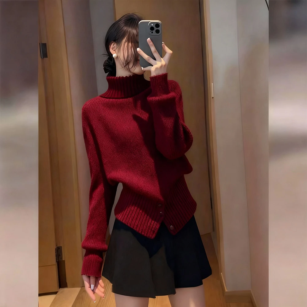 慵懒风韩版高领红色毛衣女2025秋冬新款内搭轻熟洋气百搭针织衫女