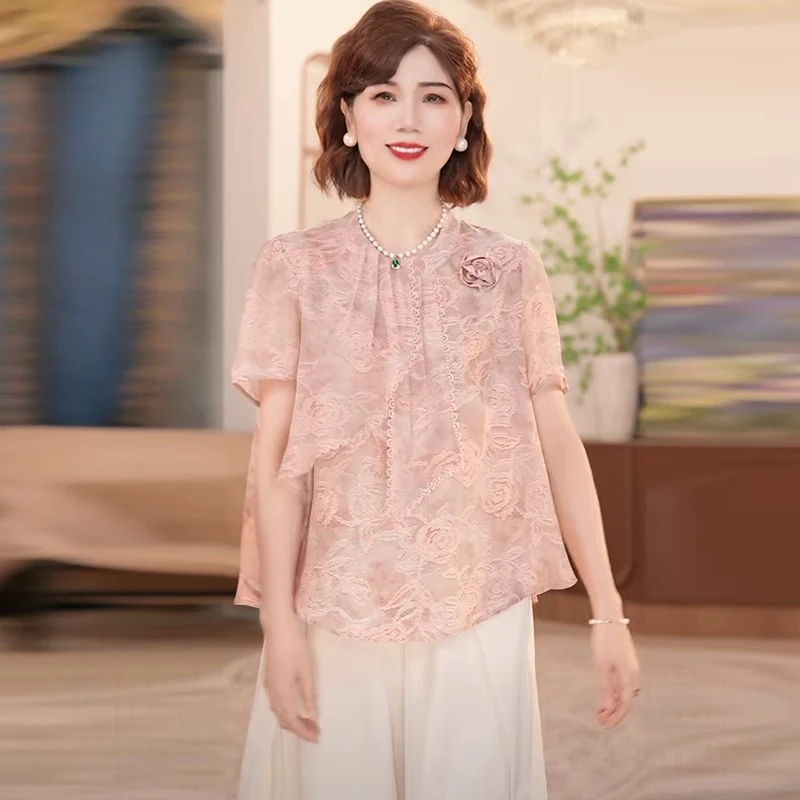 2025新款妈妈装夏季时尚气质中年女装宽松新中式小衫套装