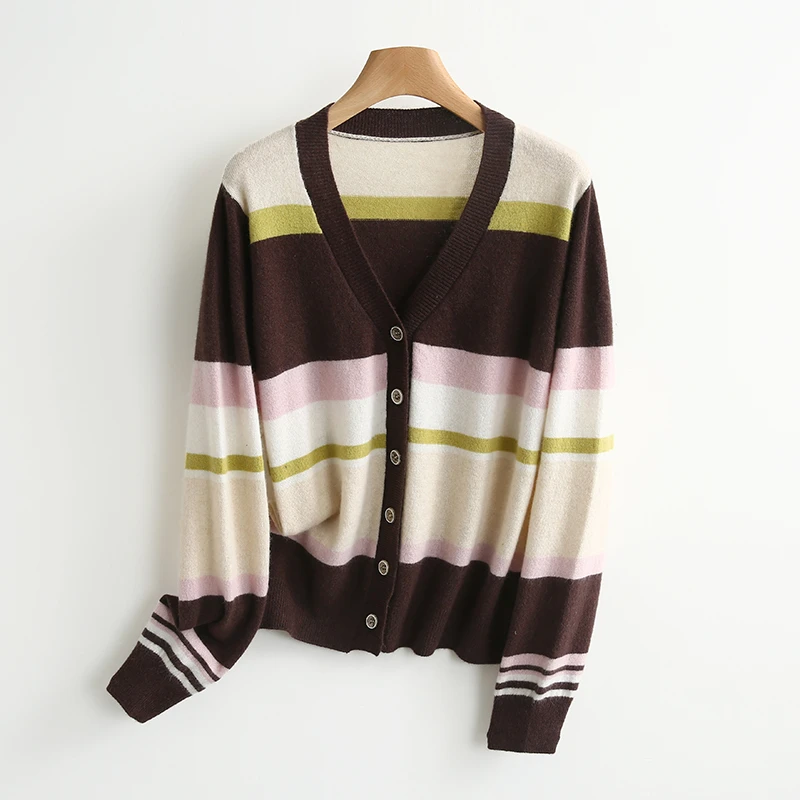 【伍莎-自营】加韩版拼色V领宽松针织开衫#UPY48C010