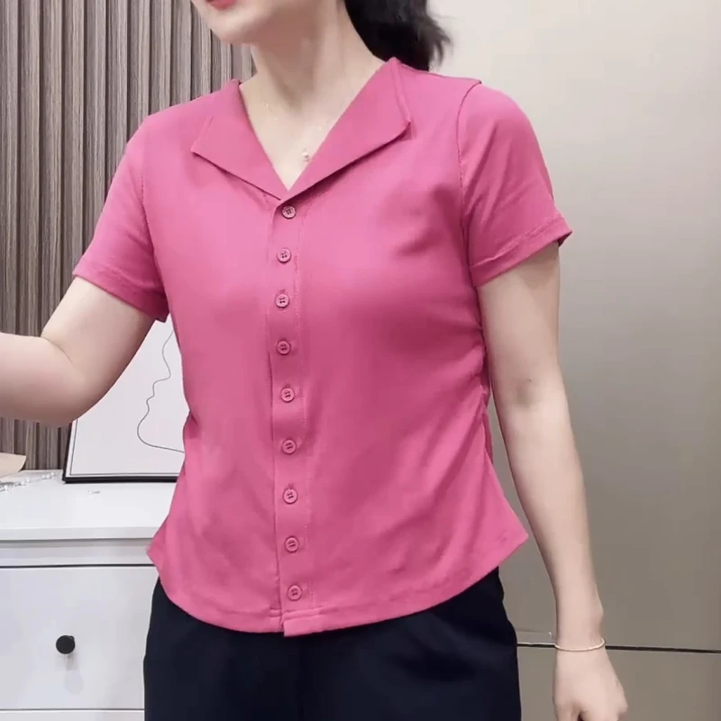 2025新款时尚气质设计感衣领短袖侧面抽褶T恤LK2505243