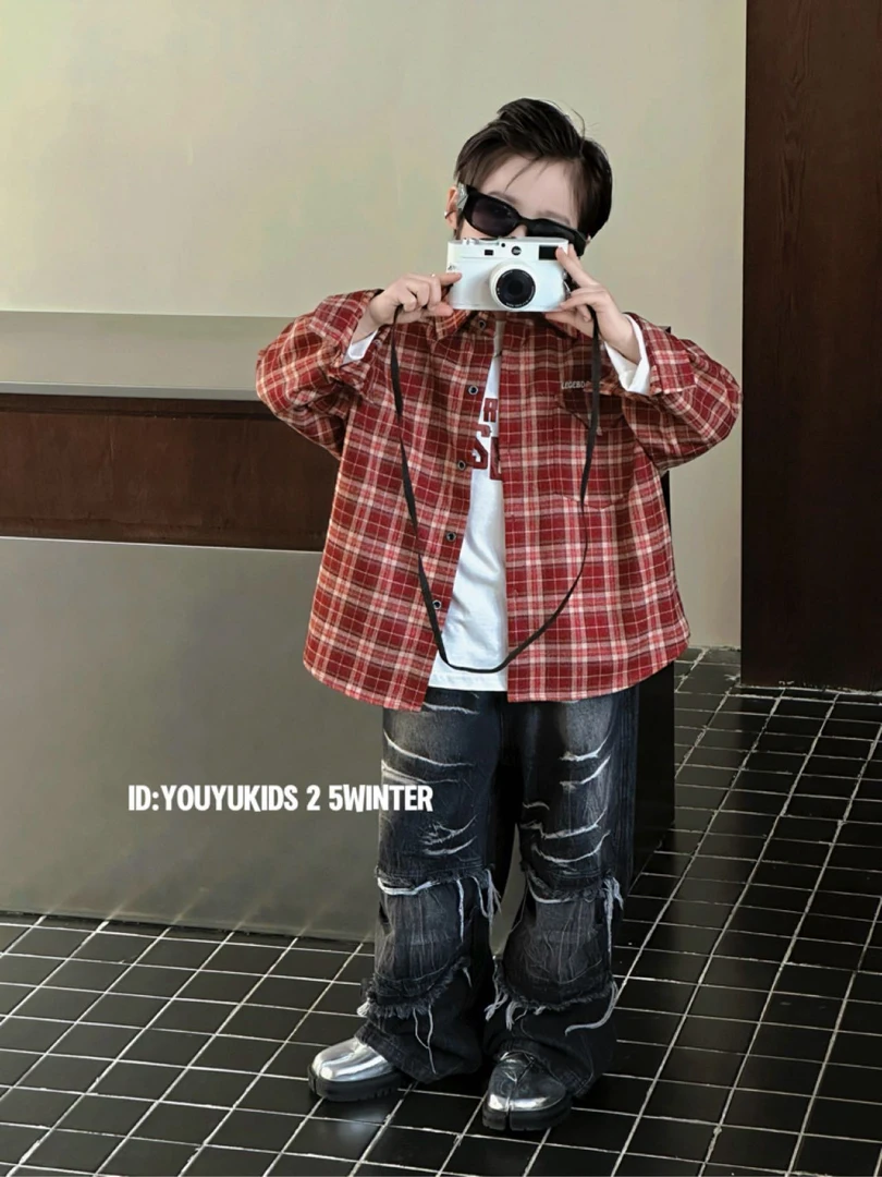 潮童中性红格子上衣两件套外套+打底