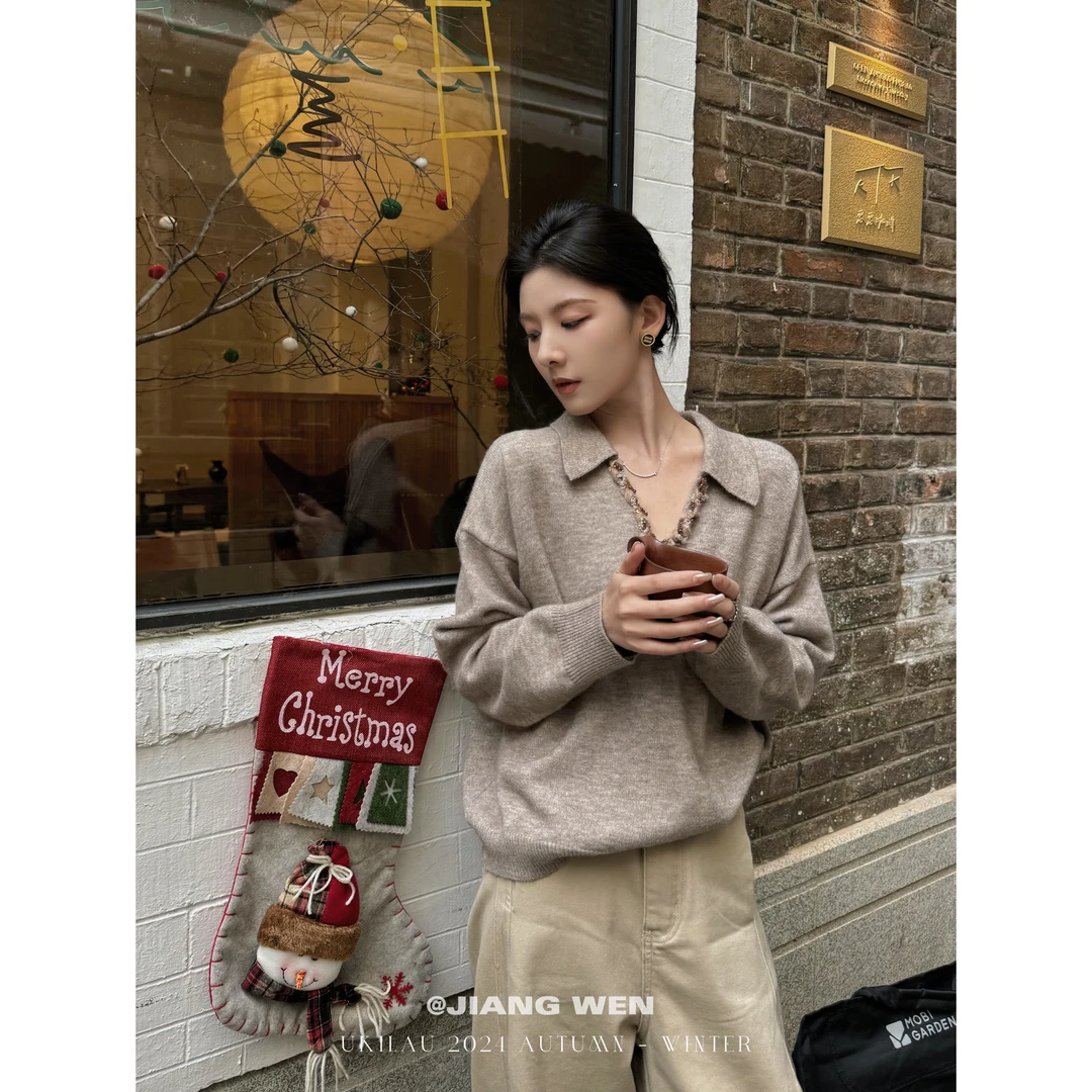 UKILAU【伦敦都市】设计感重工编织复古慵懒翻领毛衣