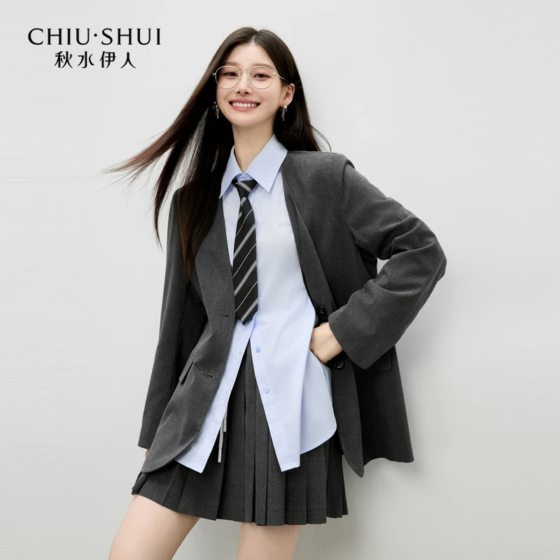 秋水伊人时尚简约套装裙2025年秋季新款女V领西装625308B010141