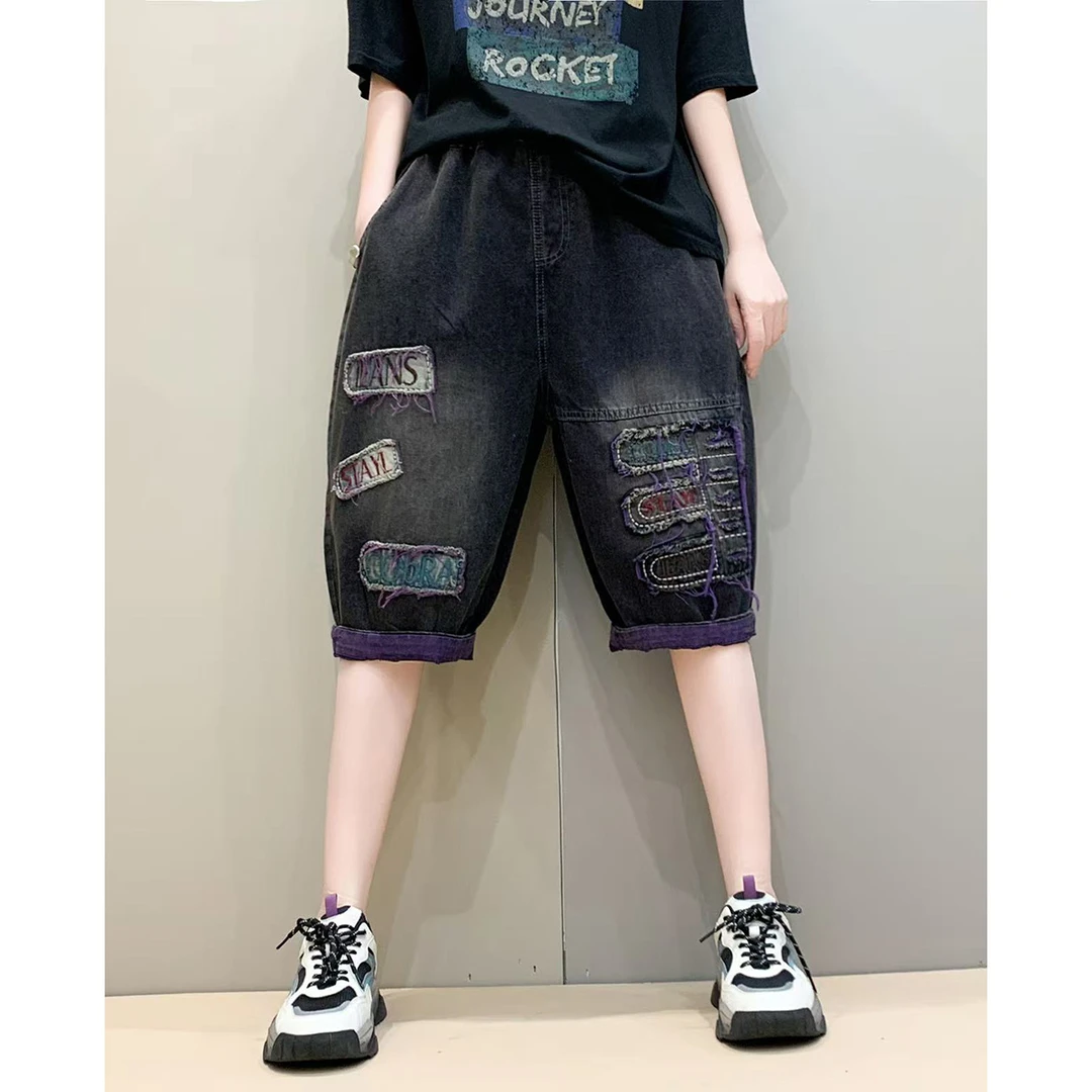 夏季薄款撞色贴布牛仔裤时尚休闲宽松显瘦哈伦裤百搭中裤六分裤ZM