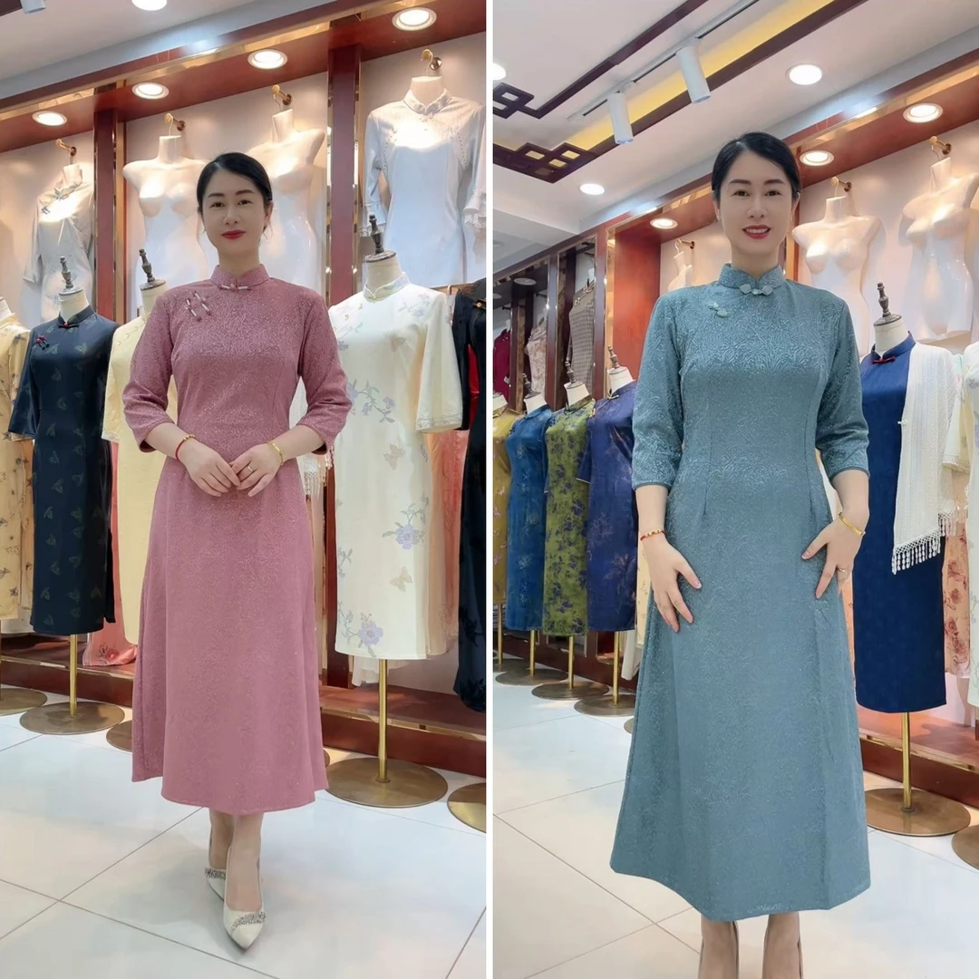 锦汐-【心悦】秋季新款七分袖改良版不开叉气质显瘦修身旗袍大摆裙