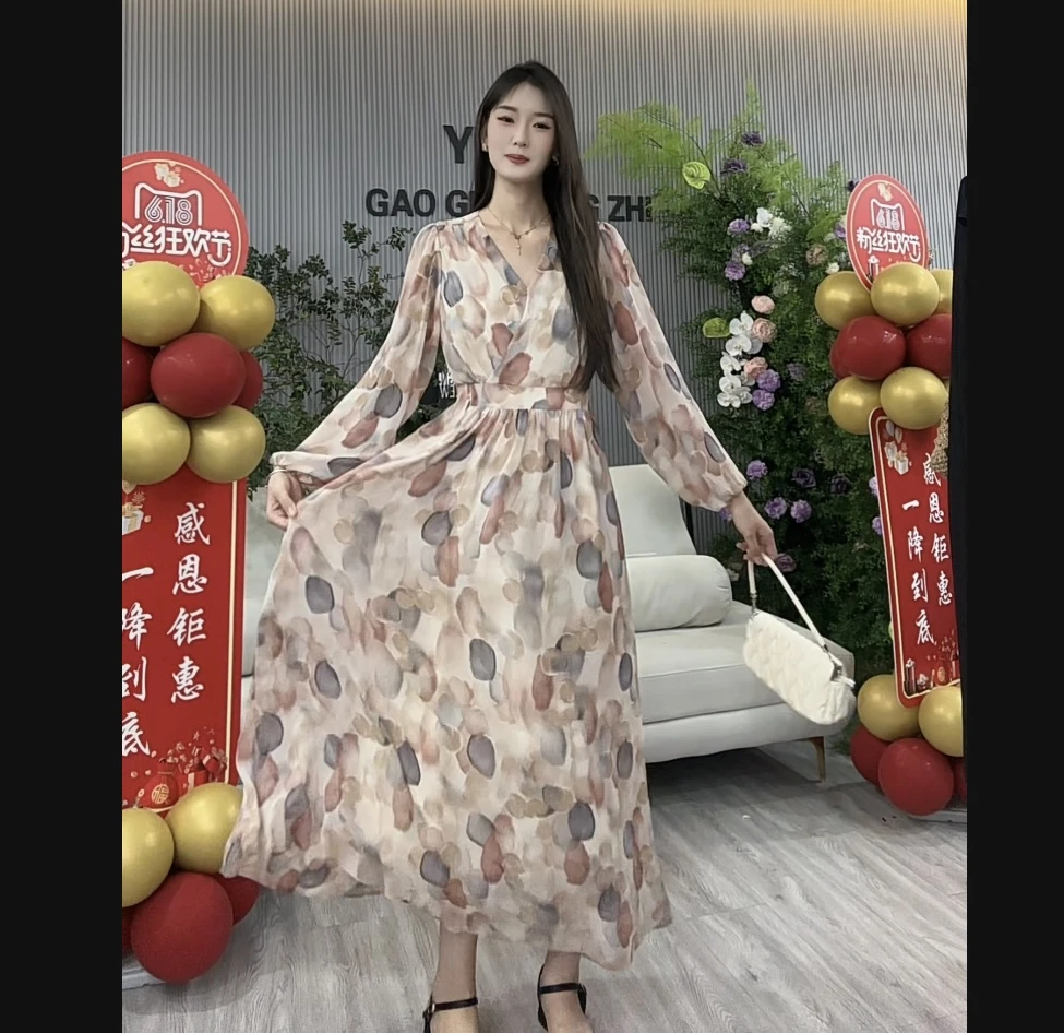大妍定制~【泡泡花】粉色乔其纱连衣裙夏季新款V领收腰气质长裙