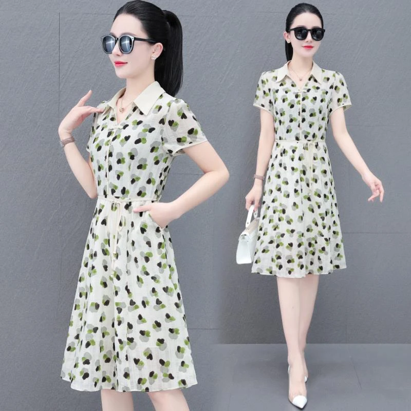 女士连衣裙2025夏季新款气质Polo领花色裙子收腰显瘦中长款雪纺裙