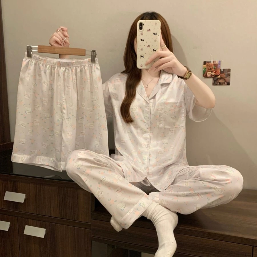 新款可爱小猫咪睡衣短袖带杯垫三件套甜美丝柔透气舒适女套装2015