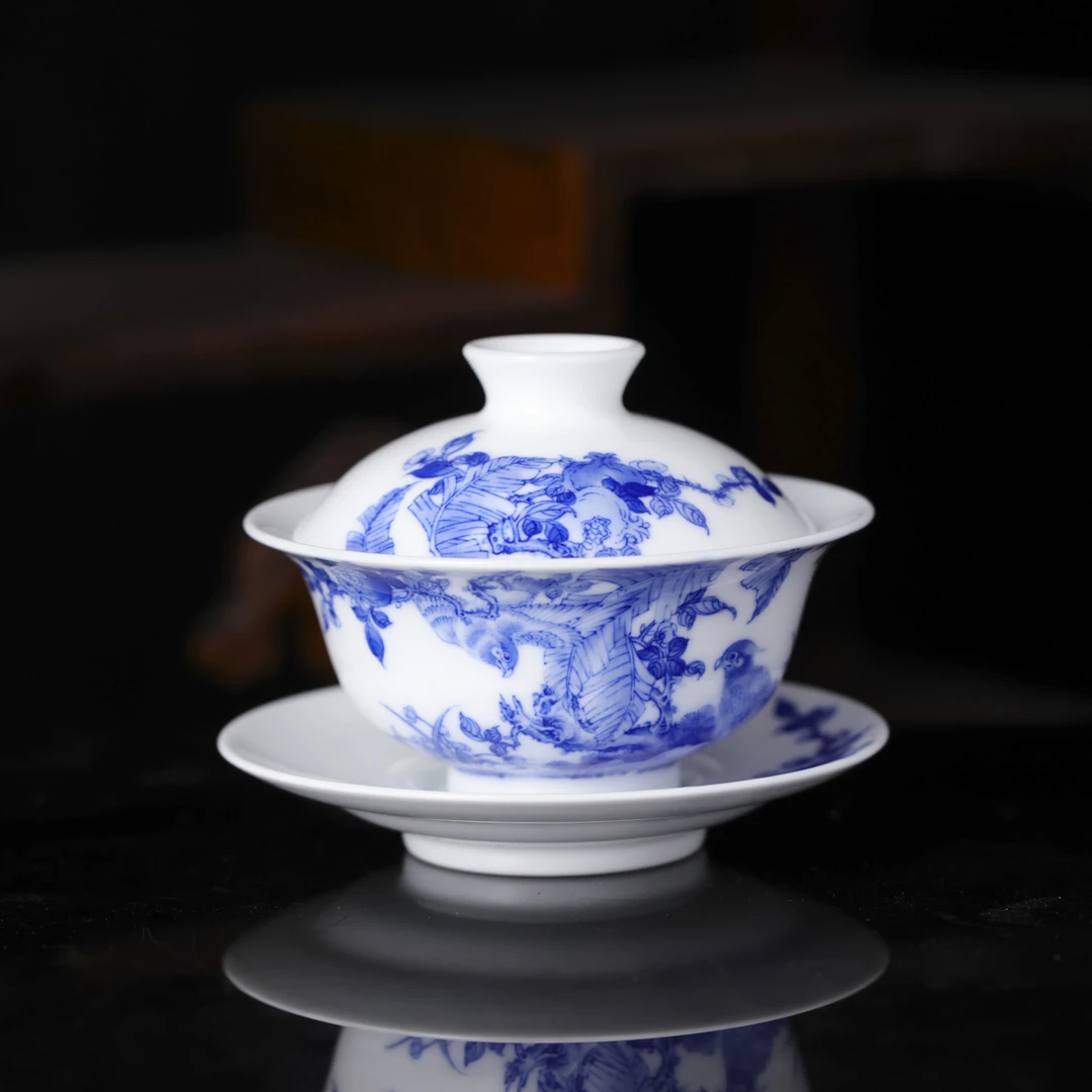 九段烧-九段妙手花鸟盖碗（芭蕉叶）-手绘画片有差异