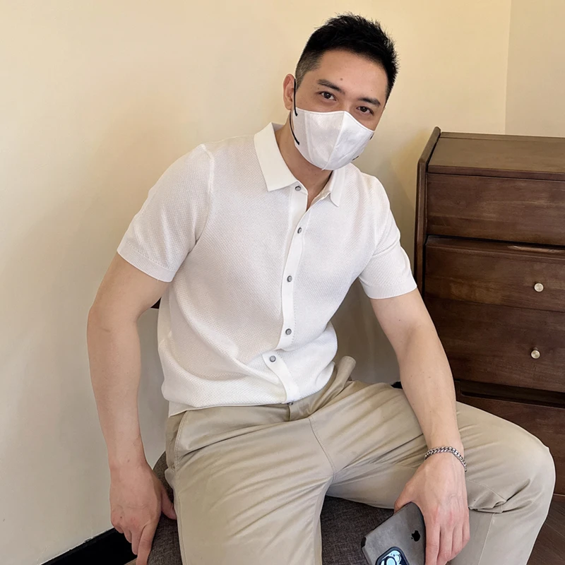 轻奢横机春夏季冰丝男士商务休闲短袖针织POLO衫修身纽扣假开衫男