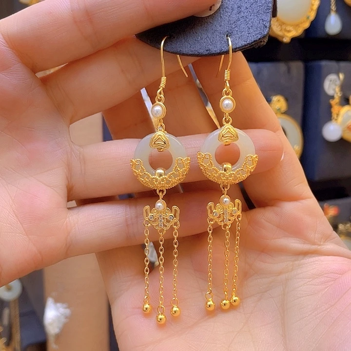 和田玉银S925镀金镶嵌耳饰