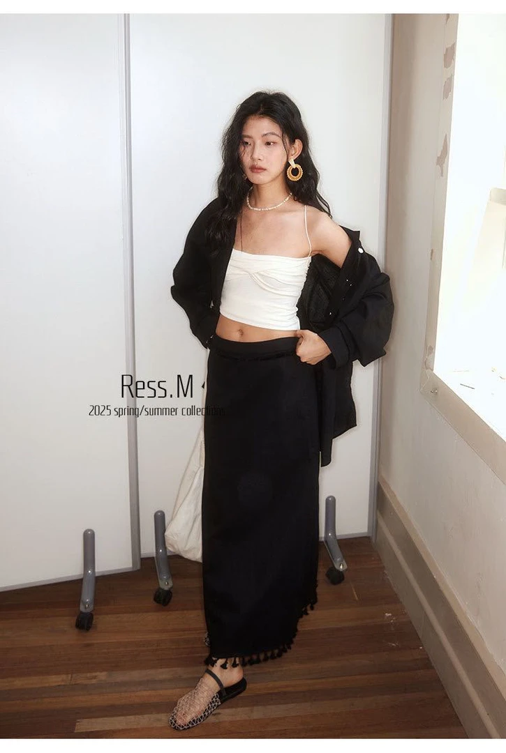 福秒-裙边流苏设计、亚麻直筒半身长裙（RM02067#）RESS.M
