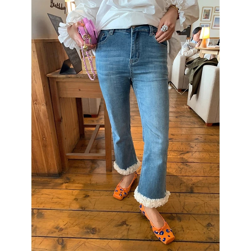 时尚拼接花边直筒牛仔裤女夏季新款小个子高腰显高显瘦九分烟管裤
