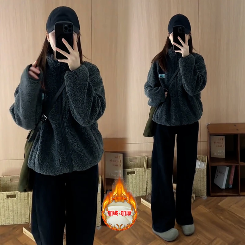 冬季时尚超好看慵懒风设计上衣外套搭配加绒简约直筒裤两件套潮