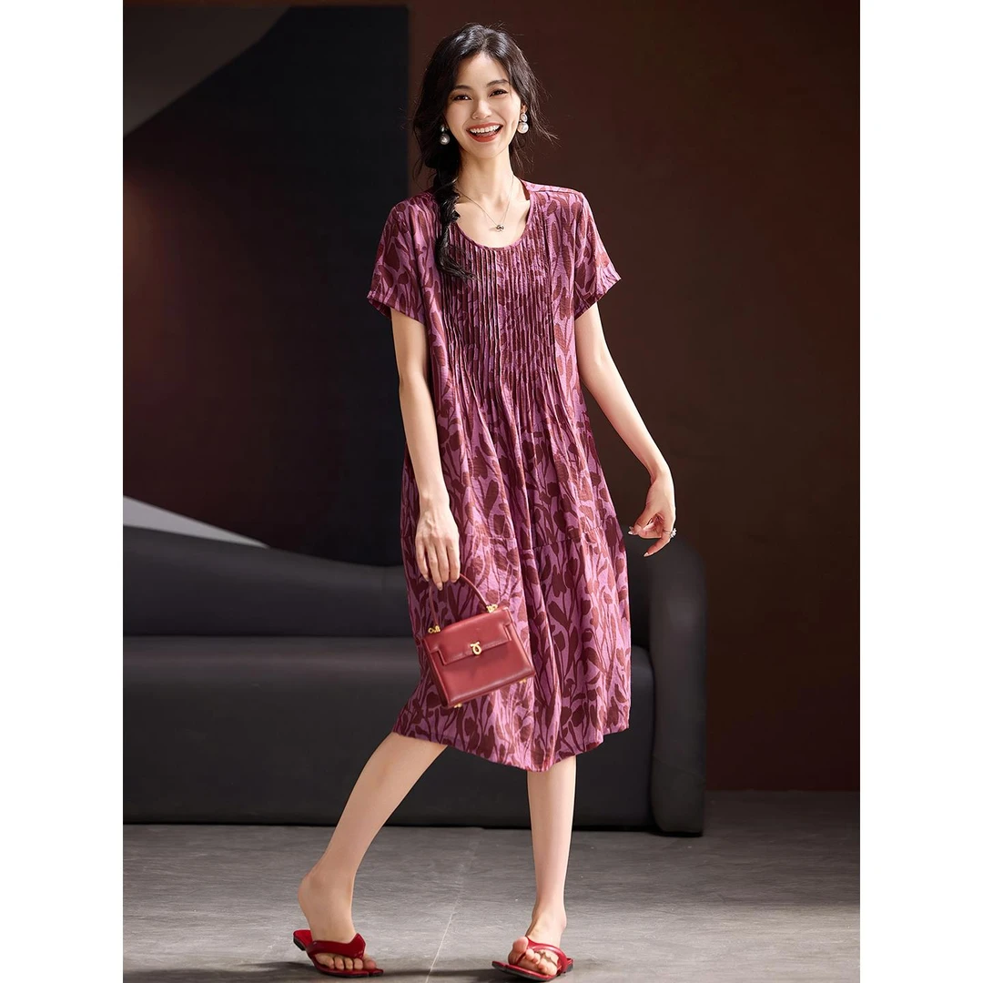 DUCURNO休闲印花连衣裙女2025年夏季新款碎花气质显瘦宽松中长裙