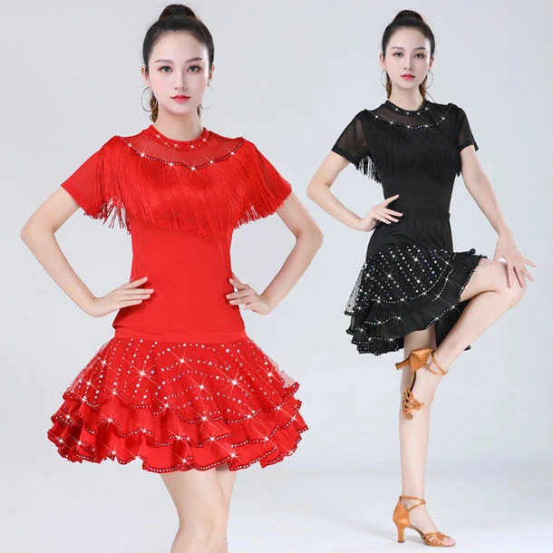 贝莎广场舞服装新款套装拉丁舞流苏上衣亮片短裙套装吉特巴演出服