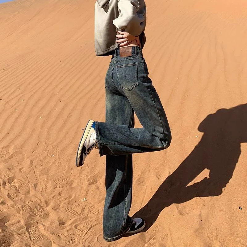 韩版加绒窄版直筒牛仔裤女春秋新款百搭宽松复古显瘦小个子长裤