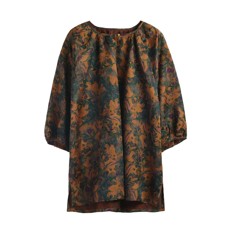 25姆满桑红云纱缎面花罗牵牛花群青绿水滴圆领上衣12381-18