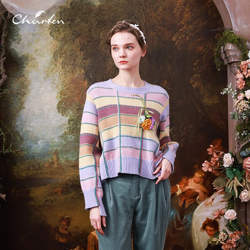 CHARFEN朝峰春秋款圆领套头条纹时尚复古毛织衫CFC3C359-381C