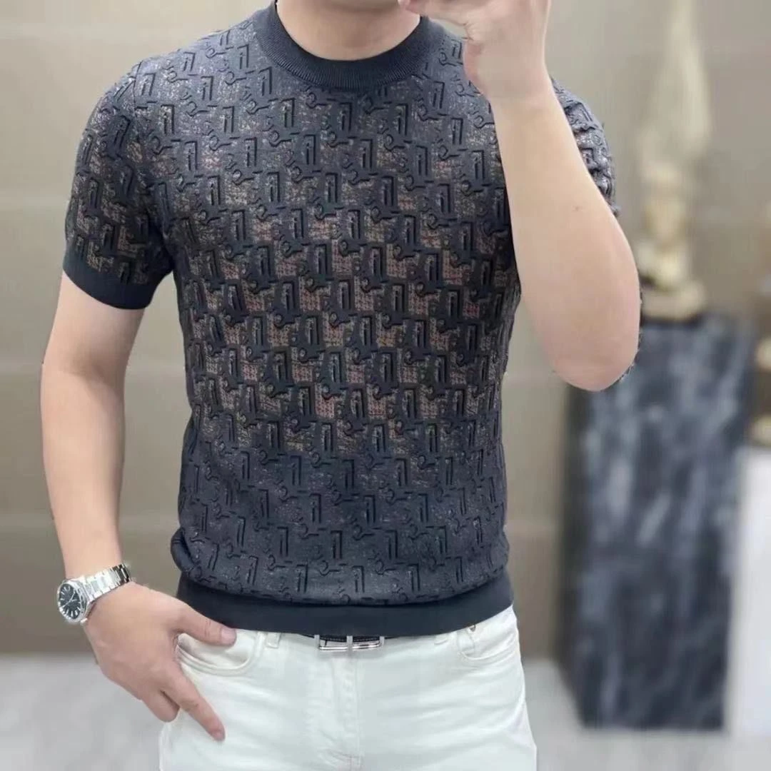 欧货2025新款男士男款提花短袖t恤潮流圆领套头针织衫修身打底衫