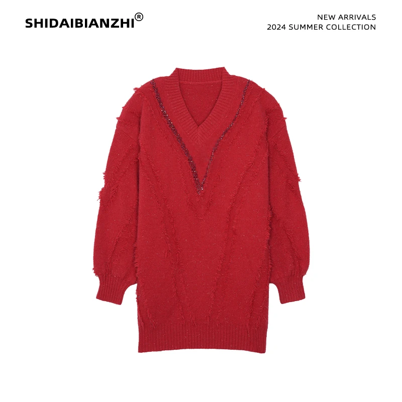 韩版镶钻V领毛衣女2024秋冬新款大码女装套头针织衫Y4054