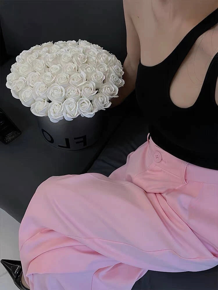 大长腿~敲薄垂坠感洋气粉色裤子时尚窄版阔腿裤慵懒风韩版女裤ins