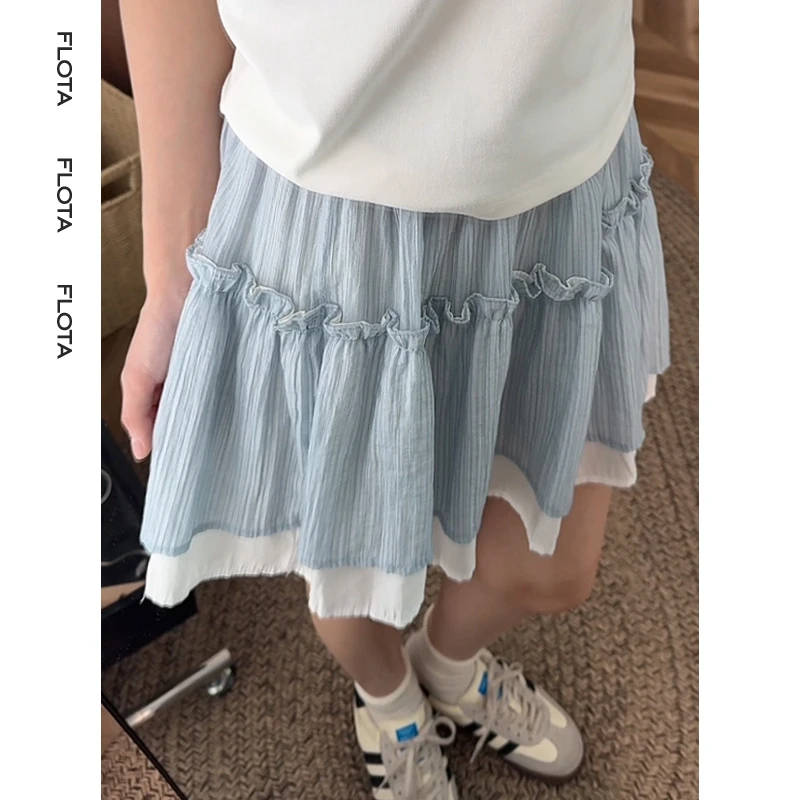 【搭配207】学院风小清新蓝白木耳花边A字半身裙女高腰宽松百搭短裙