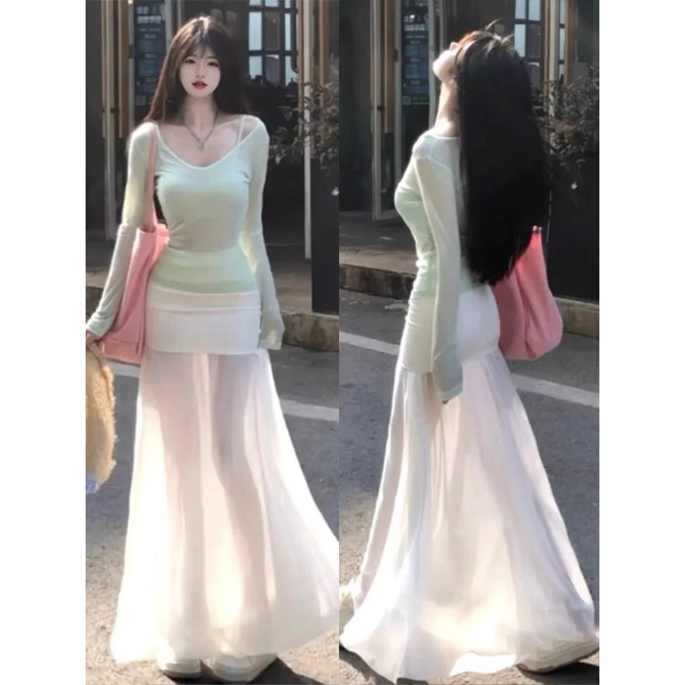 白色小个子微透半身裙女网纱拼接长裙2025超火纱裙高腰包臀裙夏
